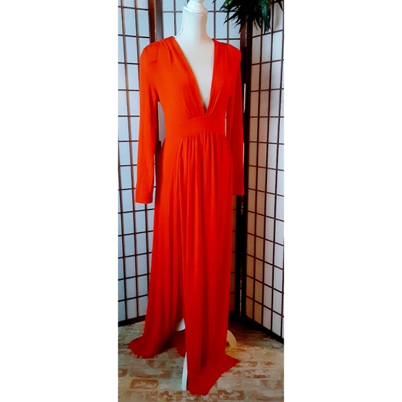SHEIN Sexy Plunging Neck High Split Dress - Orange - Picture 14 of 16